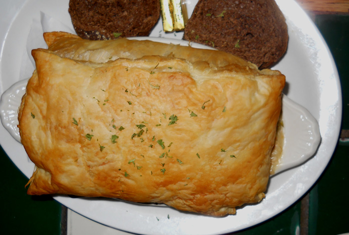 Peggy's birthday lunch at an Hendersonville Irish pub chicken pot pie and bangers and mash